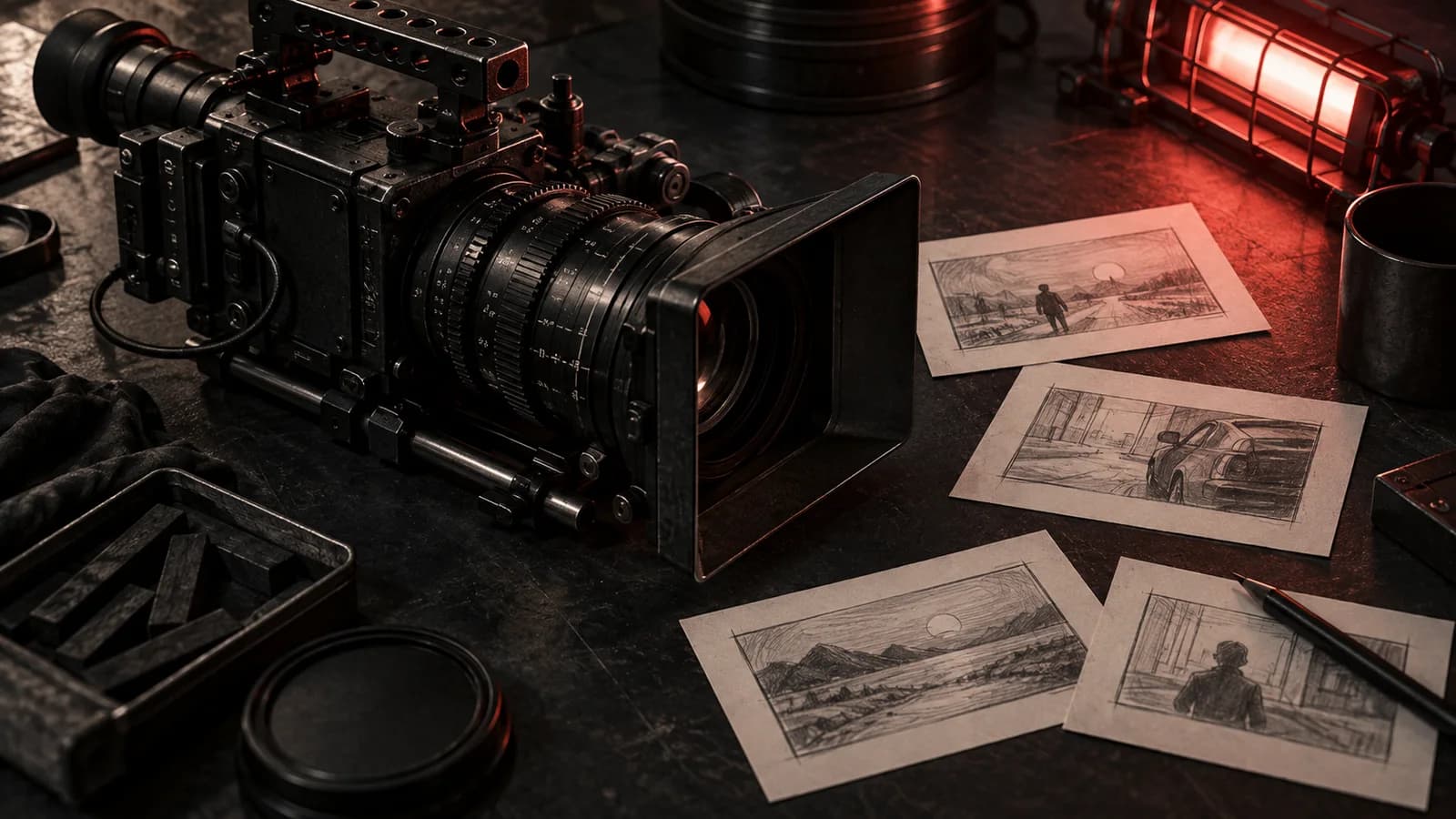 Kamera, lens ve storyboard kartlarından oluşan editoryal illüstrasyon